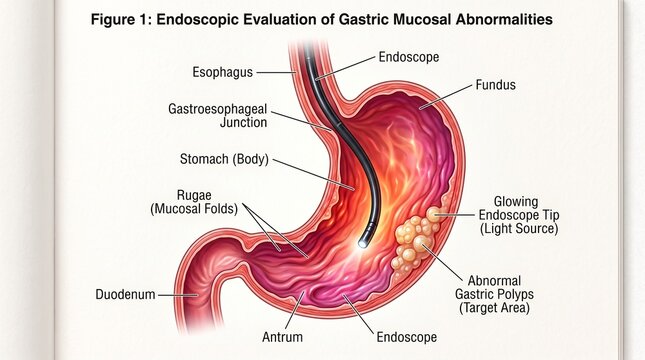 Medical illustration of stomach endoscopy for gastric polyps' evaluation