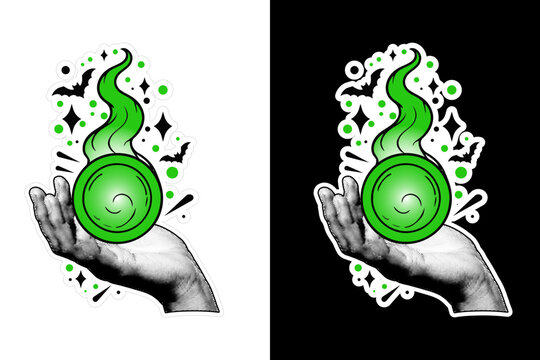 Retro Halftone Hand Holding Glowing Green Magic Fireball Orb with Bats and Sparkles Vector Illustration for Halloween