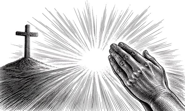 Praying Hands Silhouetted Against Bright Light and Cross Symbolizing Faith, Hope, and Spiritual Connection in Christianity