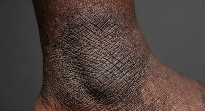 Close up shot of dark skin ankle showing severe lichenification rough thickened skin texture and hyperpigmentation
