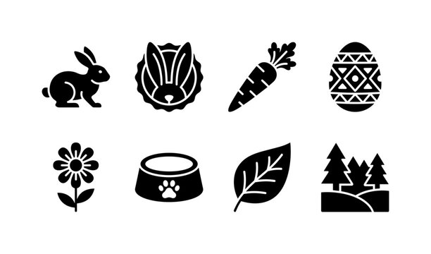 Rabbit Spring Symbols, solid glyph icon set featuring rabbit silhouette, long ear badge, carrot, Easter egg, meadow flower, pet bowl, spring leaf and woodland symbol, covering rabbits, Easter, pets,