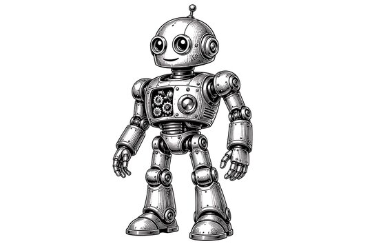 Vintage style cartoon robot with large eyes, metallic design and gears, perfect for retro tech and sci-fi themed projects