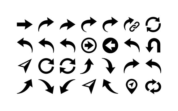 Curved Direction Arrows, solid glyph icon set featuring right arrow, curved arrow, forward arrow, redo arrow, share arrow, refresh arrow, undo arrow, link arrow, navigation pointer, turn arrow,