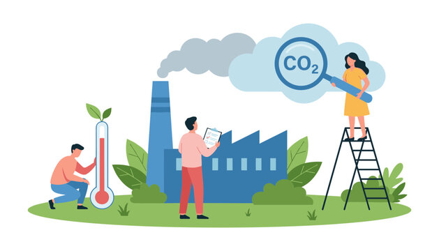 Carbon footprint carbon dioxide emission auditing vector illustration with characters measuring factory pollution and global warming climate change