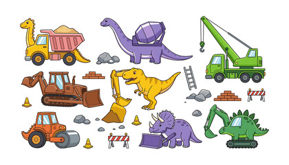 Obraz premium Cute cartoon dinosaur construction vehicles vector set with truck crane cement mixer isolated on white background