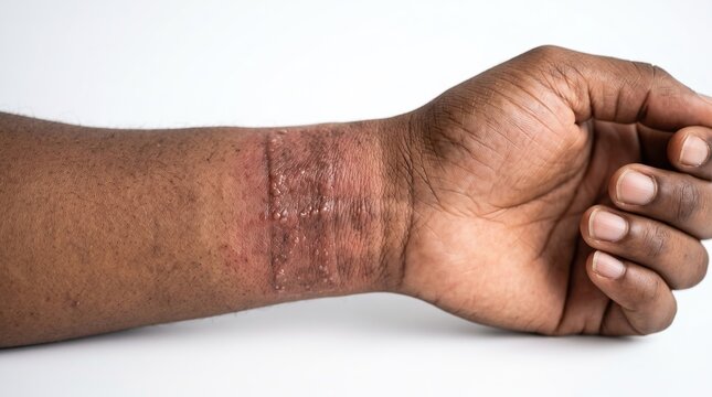 Close up of dark skin arm and wrist showing allergic contact dermatitis rash with red fluid filled blisters