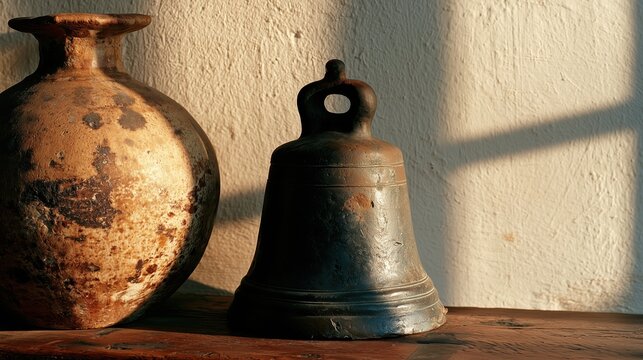 Antique Bell and Vase: An old metal bell sits next to a rustic ceramic vase, bathed in the warm sunlight casting a window pane shadow on a textured wall, evoking a sense of history and timelessness.