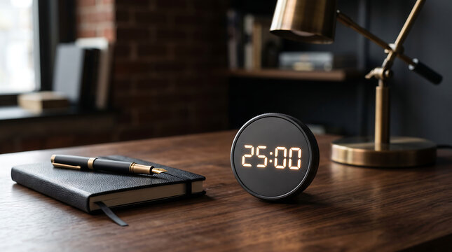 Modern digital timer set to twenty-five minutes, symbolizing focused work and efficient time management on a minimalist office desk
