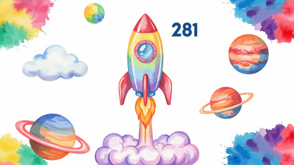 Colorful Space Rocket Launching With Planets And Watercolor Background Illustration © Mili