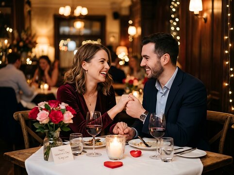 Happy couple holding hands during romantic Valentines Day dinner at cozy candlelit restaurant.