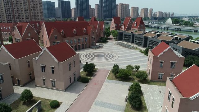 Aerial view of empty replica of Dutch village, eerie ghost town in Suzhou, China

