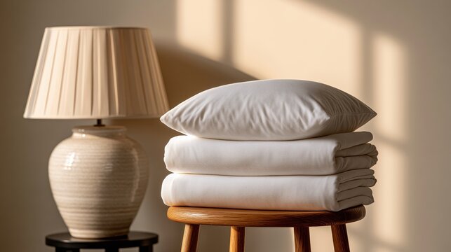 Cozy Bedroom Scene: A stack of neatly folded white bedding sits beside a textured table lamp, bathed in soft, warm light creating a peaceful and inviting atmosphere for relaxation.