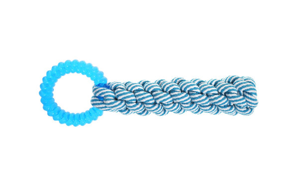 blue dog rope toy on white background