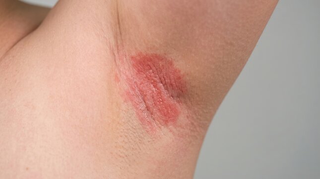 Close up view of female armpit showing severe intertrigo erythematous skin rash and irritation in skin fold