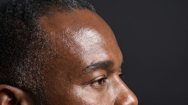 Close up profile view of dark skin black man forehead and temple showing natural skin shine and stubble