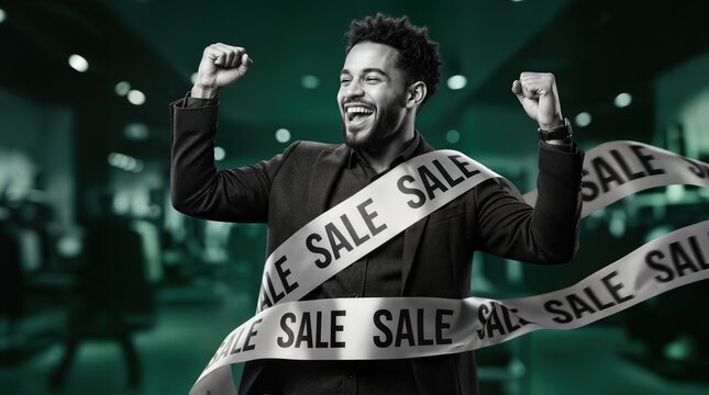 excited man celebrating with raised fists while wrapped in sale ribbon inside modern store