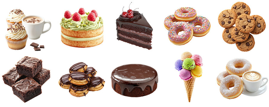 A set of various sweets: cake, coffee, cupcake, brownie, ice cream, cookies, and eclairs, isolated on a transparent background PNG