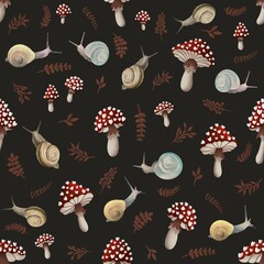 Whimsical Watercolor Snails and Mushrooms Seamless Forest Pattern © Tamila Smahliuk