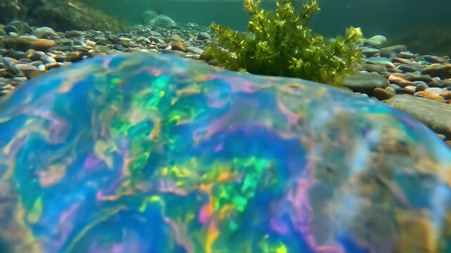 Underwater view of colorful opal stone resting on rocky riverbed with bubbles and green algae