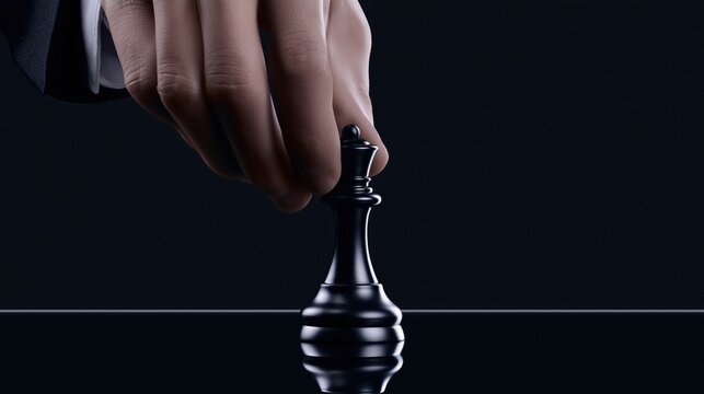 Strategic Move: A finely manicured hand in a dark suit carefully places the black king chess piece on a glossy, reflective surface, symbolizing a calculated move in a high-stakes game.