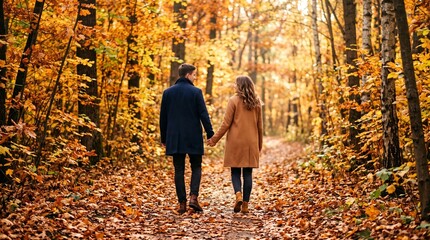 Fototapeta premium Couple strolling hand-in-hand on a golden leaf path in autumn forest