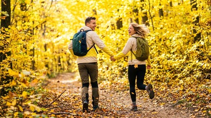Fototapeta premium Happy couple running on a golden leaf path in an autumn forest
