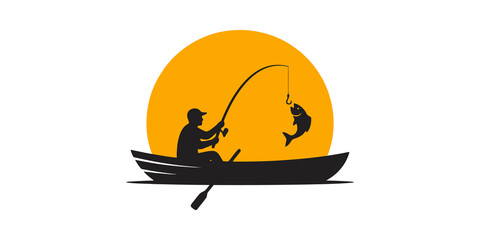 Silhouette of a man fishing from a boat with a caught fish, against a vibrant orange sunset backdrop. © Png World Collection