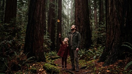 Fototapeta premium Father and daughter watching a falling leaf in a redwood forest