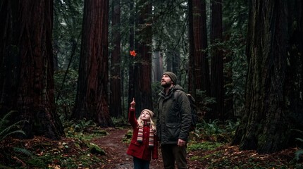 Fototapeta premium Father and daughter gazing at a falling maple leaf in a redwood forest