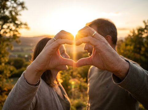 Couple making heart shape with hands against golden sunset, symbolizing romance and connection.