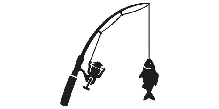 Fishing rod with reel catching small fish black silhouette icon vector illustration for outdoor recreation activity design element.