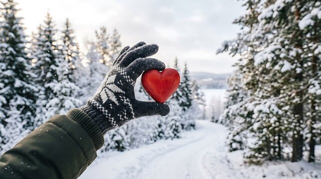Gloved hand holding red heart in snowy forest, symbolizing winter love and warmth in nature.
