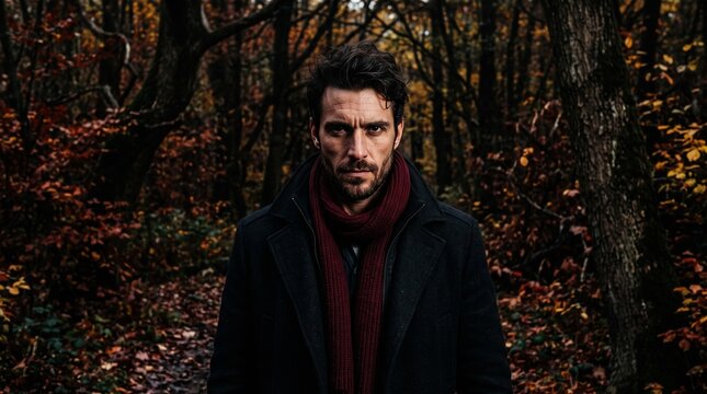 Man with intense gaze in a dark coat and red scarf in autumn forest