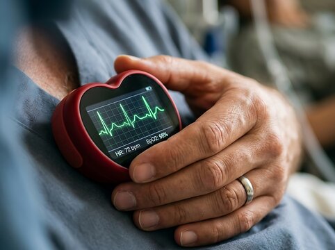 Man holding red heart-shaped device displaying ECG and SpO2 readings on his chest, symbolizing heart health monitoring.