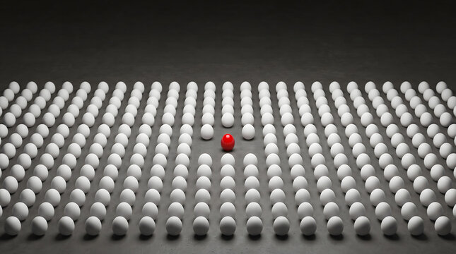 Identical White Eggs Uniform Rows Single Red Egg Standing Apart Social Pressure Conformity Courage Different Concept