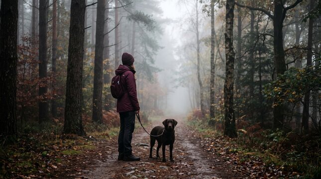 Woman and her chocolate Labrador in a dense, foggy autumn forest