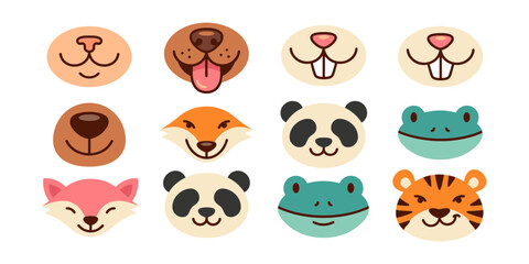 Fototapeta premium Cute Cartoon Animal Faces Set with Cat, Dog, Rabbit, Bear, Fox, Panda, Frog and TigerCute Cartoon Animal Faces Set with Cat, Dog, Rabbit, Bear, Fox, Panda, Frog and Tiger