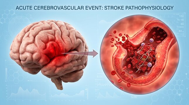 Medical illustration of a ruptured brain aneurysm and hemorrhage