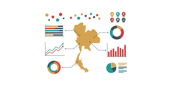 Thailand map infographic with colorful charts and data visualization elements for business market research or demographic analysis reports.