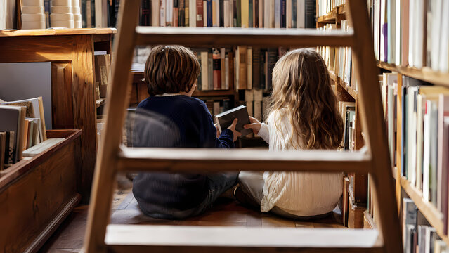 Two children sit side by side on the floor between tall bookshelves in a cozy bookstore, looking at a book together while framed through a wooden ladder