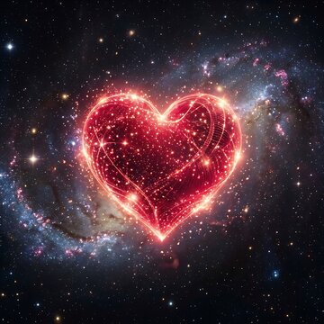 Luminous red heart shape formed by glowing stardust and light trails in deep cosmic space.