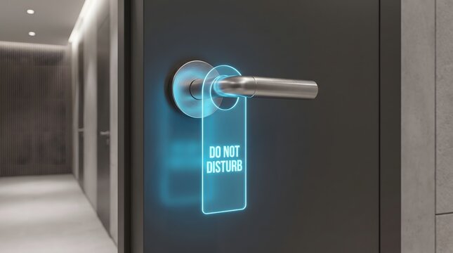Digital do not disturb sign glowing blue on metallic hotel room door handle.