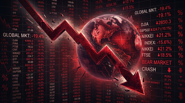 Red downward arrow over a cracked globe with stock market data, symbolizing economic recession, crisis, and financial crash