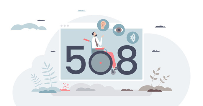 Section 508 compliance accessibility shown as a web page with 508 digits, a wheelchair user, and ear-eye icons, conveying inclusive digital design and assistive needs, transparent background.