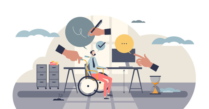 Reasonable accommodations shown as inclusive office support, wheelchair, desk, computer illustrate tailored adjustments that help employees work effectively, transparent background