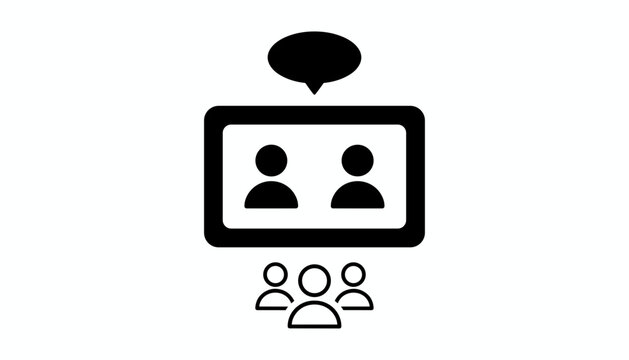 Abstract black and white icon representing video conferencing, online presentation, or virtual classroom training.