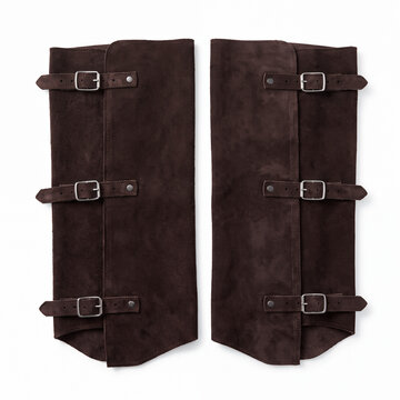 Generic brown split leather welding gaiters protective leg covers isolated on white.