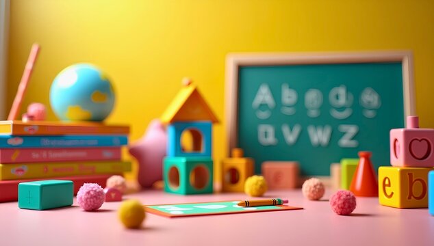 Artwork showing playful classroom learning scene toys building blocks globe books pom-poms crayon geometric paper chalkboard stylized letters cheerful creative design