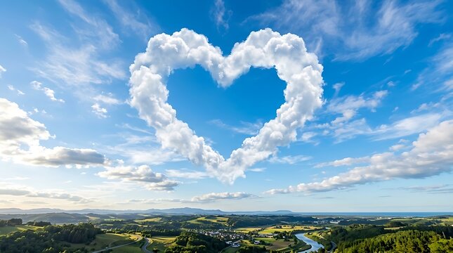 Large heart shaped cloud floating in bright blue sky over green rolling hills and river landscape.