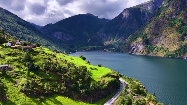 Drone view of Aurlandsfjord near Flam village, Norway, Scandinavian nature in summer, hiking Norwegian fjords, tranquil pristine nature in Scandinavia